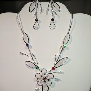 Flower Drop Necklace in Silver Tone with Earrings and Multi-Colored Stones